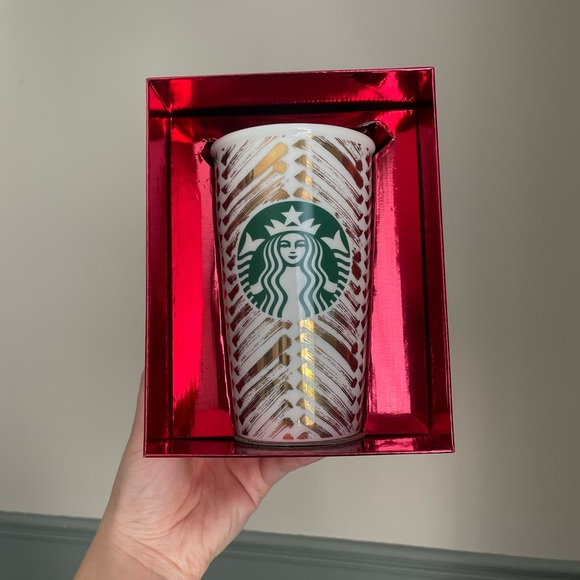 BNIB Starbucks Brushed Gold Chevron Mermaid Logo Tumbler, Gold/White - Picture 2 of 4